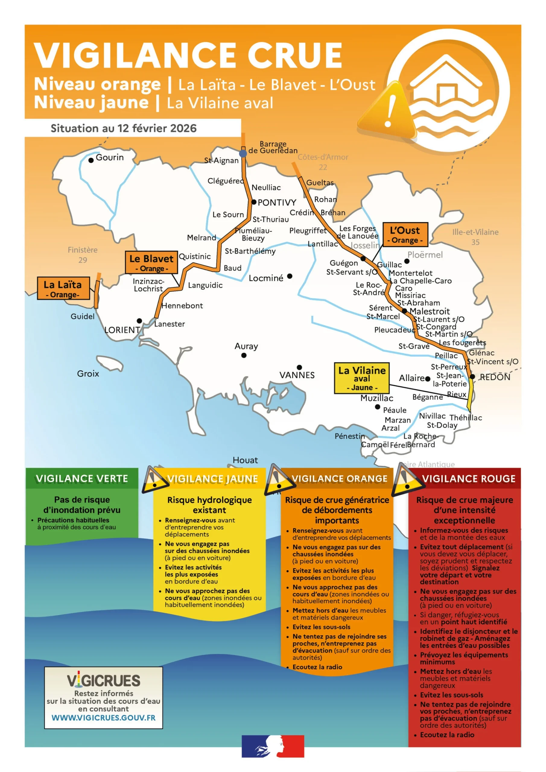 2026_02_12_carte vigilance crue Orange Laita et blavet et Oust et jaune vilaine aval
